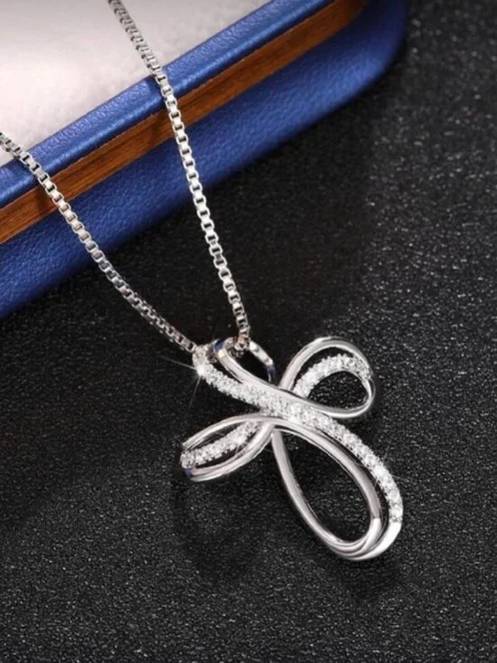 Silver Tone Cubic Zirconia Cross Necklace - Picture 2 of 4